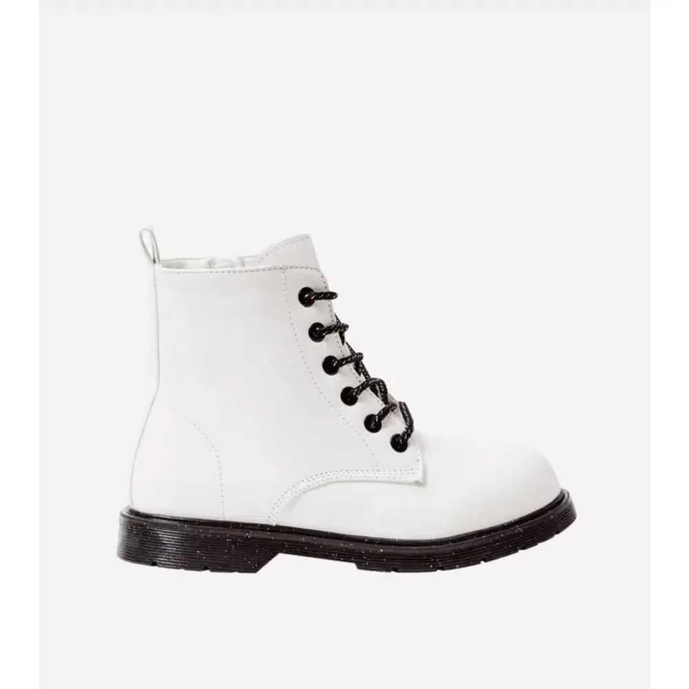 FabKids Girls White Combat Boots Black Glitter Soles Size 13